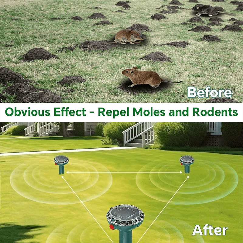 4Pcs, Mole Repellent Solar Powered 4 Pack, Snake Vole Repellent Outdoor, Gopher Repellent Soundwave technology Solar Powered for Lawn Garden, Sonic Mole Spikes, Get Rid of Moles Groundhog Chipmunk Repellent