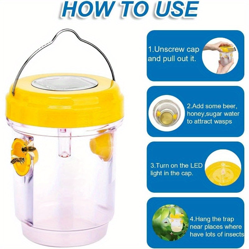 3 Pcs Solar Wasp Traps Outdoor Hanging, Solar Powered Wasp Killer Hanging for Outside with UV LED Light, Reusable Bee Trap Catcher Outdoor, for Hornets, Yellow Jackets Fly, Flying Insect and Wasps, Indoor Outdoor Patio Garden Home