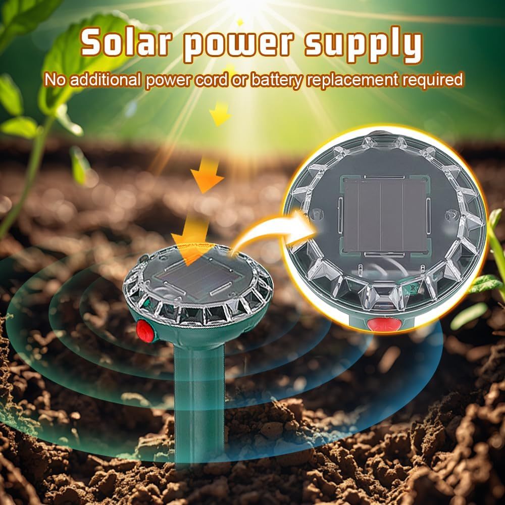4Pcs, Mole Repellent Solar Powered 4 Pack, Snake Vole Repellent Outdoor, Gopher Repellent Soundwave technology Solar Powered for Lawn Garden, Sonic Mole Spikes, Get Rid of Moles Groundhog Chipmunk Repellent