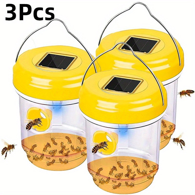 3 Pcs Solar Wasp Traps Outdoor Hanging, Solar Powered Wasp Killer Hanging for Outside with UV LED Light, Reusable Bee Trap Catcher Outdoor, for Hornets, Yellow Jackets Fly, Flying Insect and Wasps, Indoor Outdoor Patio Garden Home
