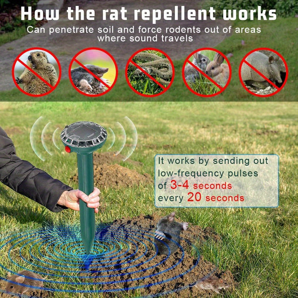 4Pcs, Mole Repellent Solar Powered 4 Pack, Snake Vole Repellent Outdoor, Gopher Repellent Soundwave technology Solar Powered for Lawn Garden, Sonic Mole Spikes, Get Rid of Moles Groundhog Chipmunk Repellent